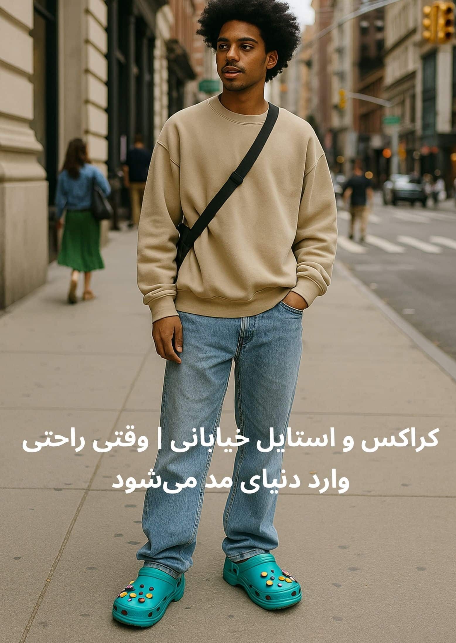 استایل خیابانی با شلوار جین گشاد، هودی اورسایز و کراکس رنگی